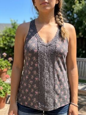 Decree Floral Lace Trim Tank Top Size XL Charcoal Gray Pink Boho Cami Racerback